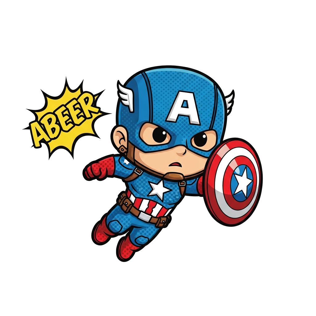 Custom design: A cute, chibi-style Captain America flying with his shield, with "Abeer" written playfully in a comic book font, vibr...