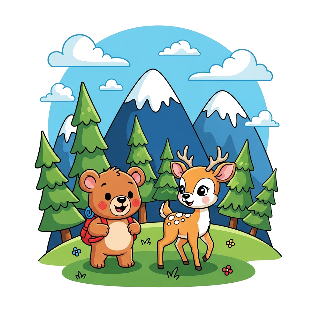 Custom design: A cheerful cartoon bear cub and a playful deer fawn exploring a vibrant, stylized mountain landscape with snowy peaks...