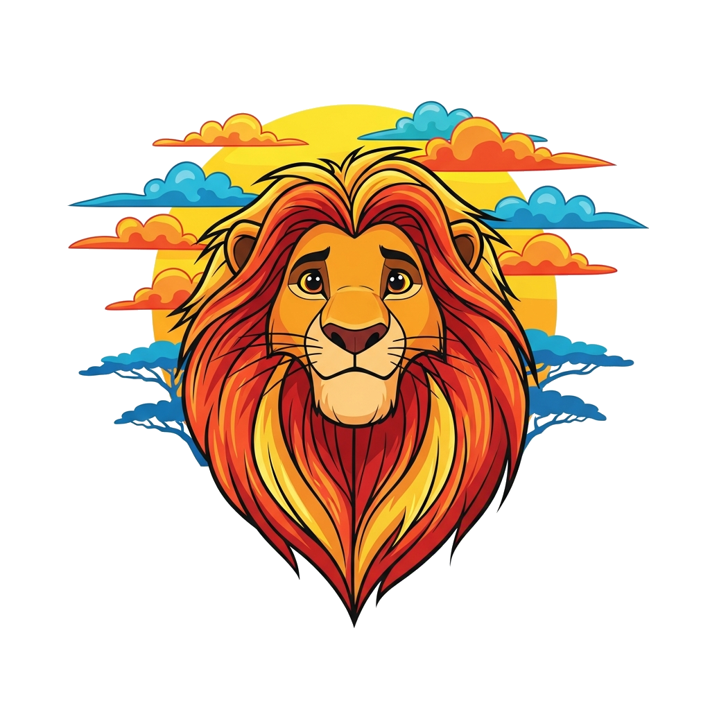Custom design: A majestic, friendly lion character in the style of Mufasa, with a flowing mane rendered in a vibrant spectrum of gol...