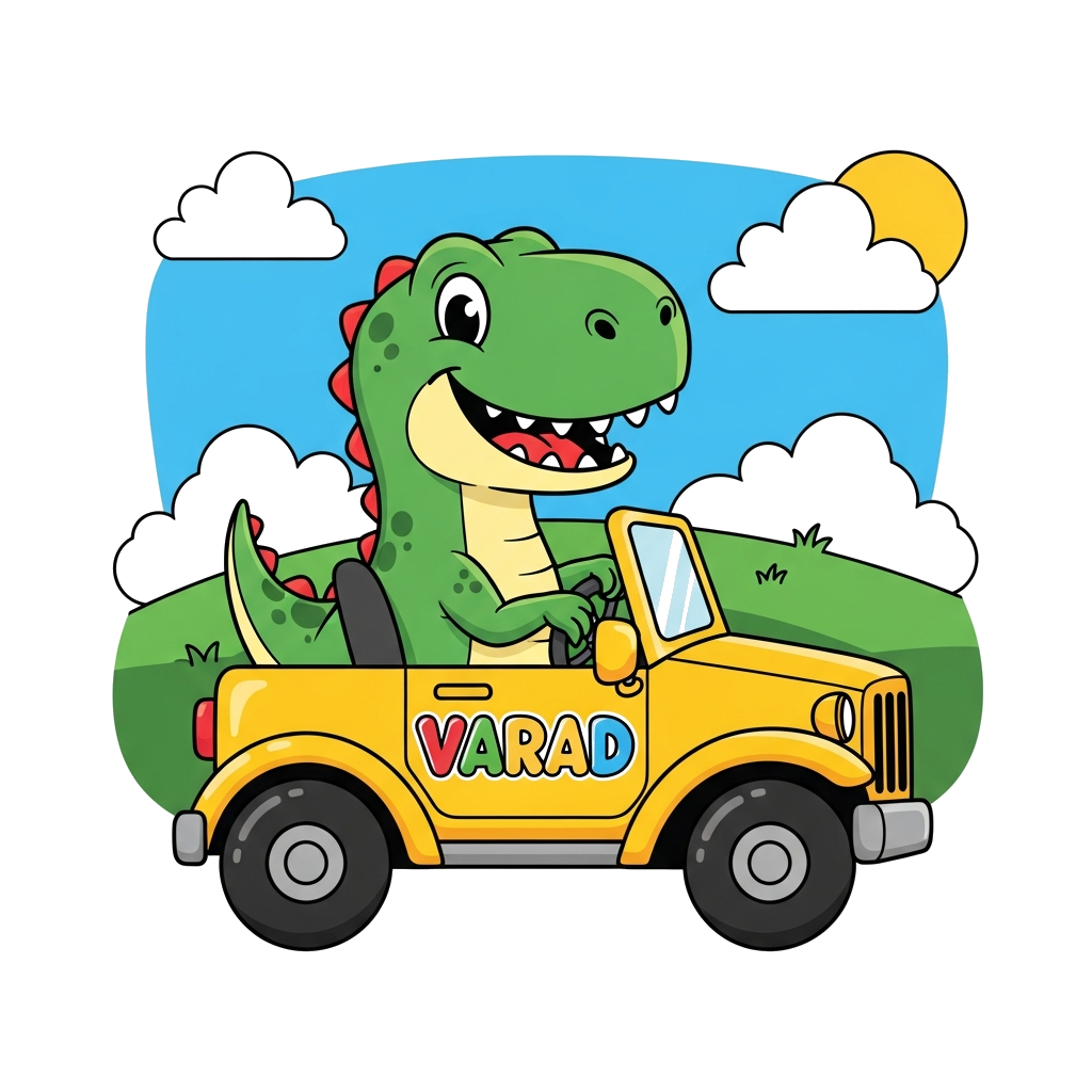 Custom design: A super cute cartoon T-Rex happily driving a bright yellow jeep, with the name 'Varad' written in playful bubble lett...