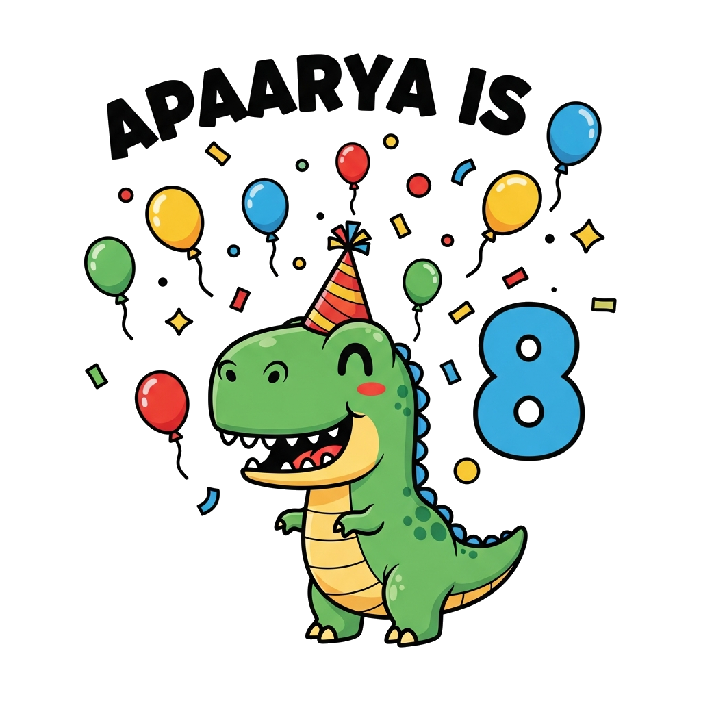 Custom design: A super cute, friendly cartoon T-Rex wearing a party hat, surrounded by colorful balloons and confetti, with the text...