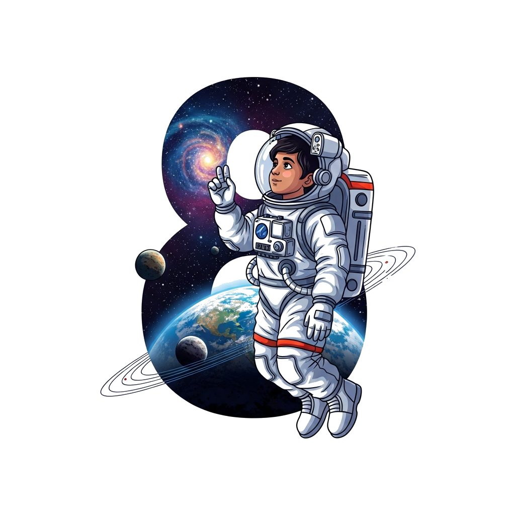 Custom design: A realistic and highly detailed illustration of a young Indian boy, 'Apaarya', dressed as an astronaut in a modern sp...