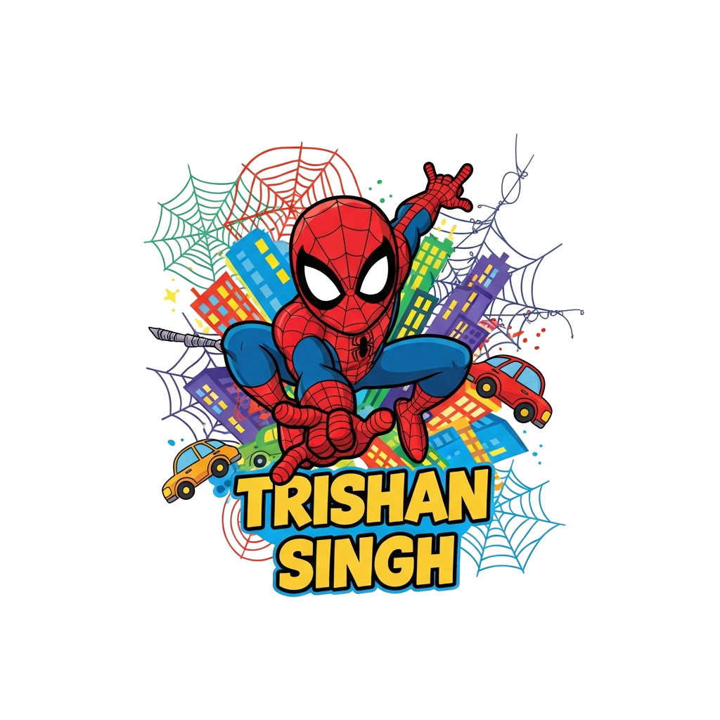 Custom design: A vibrant and playful cartoon illustration of Spiderman in a dynamic pose, surrounded by swirling colorful web patter...
