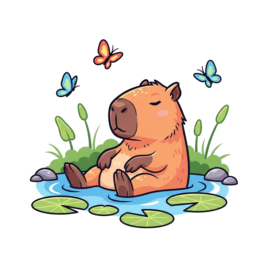Custom design: A cute cartoon capybara happily soaking in a small pond, surrounded by lily pads and colorful butterflies, in a soft ...
