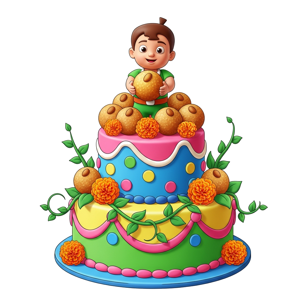 Custom design: A 2-tier, colorful, fondant-covered birthday cake for a kid. The top of the cake features a 3D clay-style figurine of...