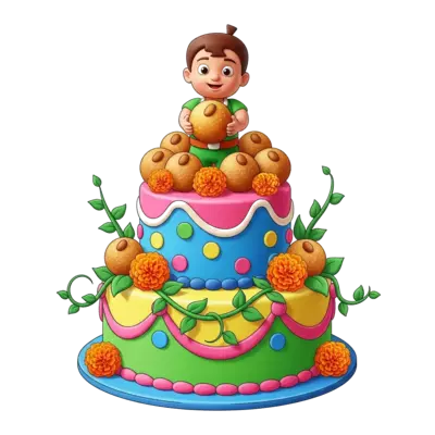 Design: A 2-tier, colorful, fondant-covered birthday cake for a kid. The top of the c...