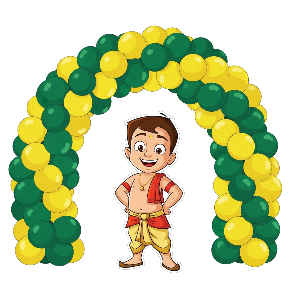 Custom design: A festive party decoration featuring a magnificent balloon arch in lush green and bright yellow. In the center of the...