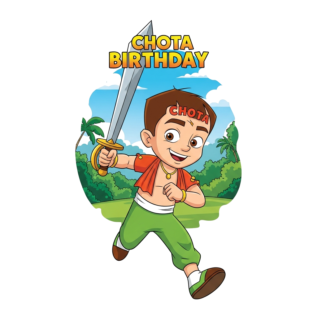 Custom design: A dynamic birthday backdrop banner. A bold, running illustration of Chhota Bheem with a sword in the background, set ...