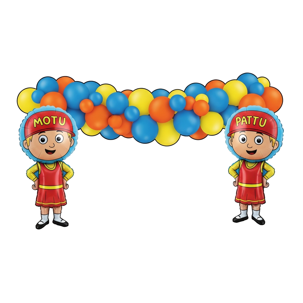Custom design: A vibrant balloon garland featuring Motu Patlu's signature colors (yellow, orange, and blue) with giant foil balloons...