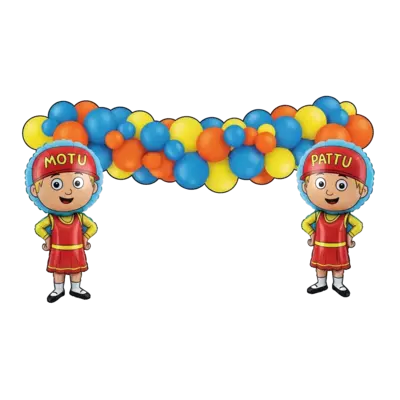 Design: A vibrant balloon garland featuring Motu Patlu's signature colors (yellow, or...