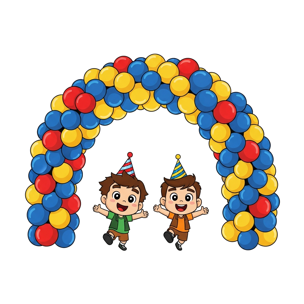 Custom design: Cute chibi-style cartoon characters of Motu and Patlu popping out from a giant arch made of red, yellow, and blue bal...