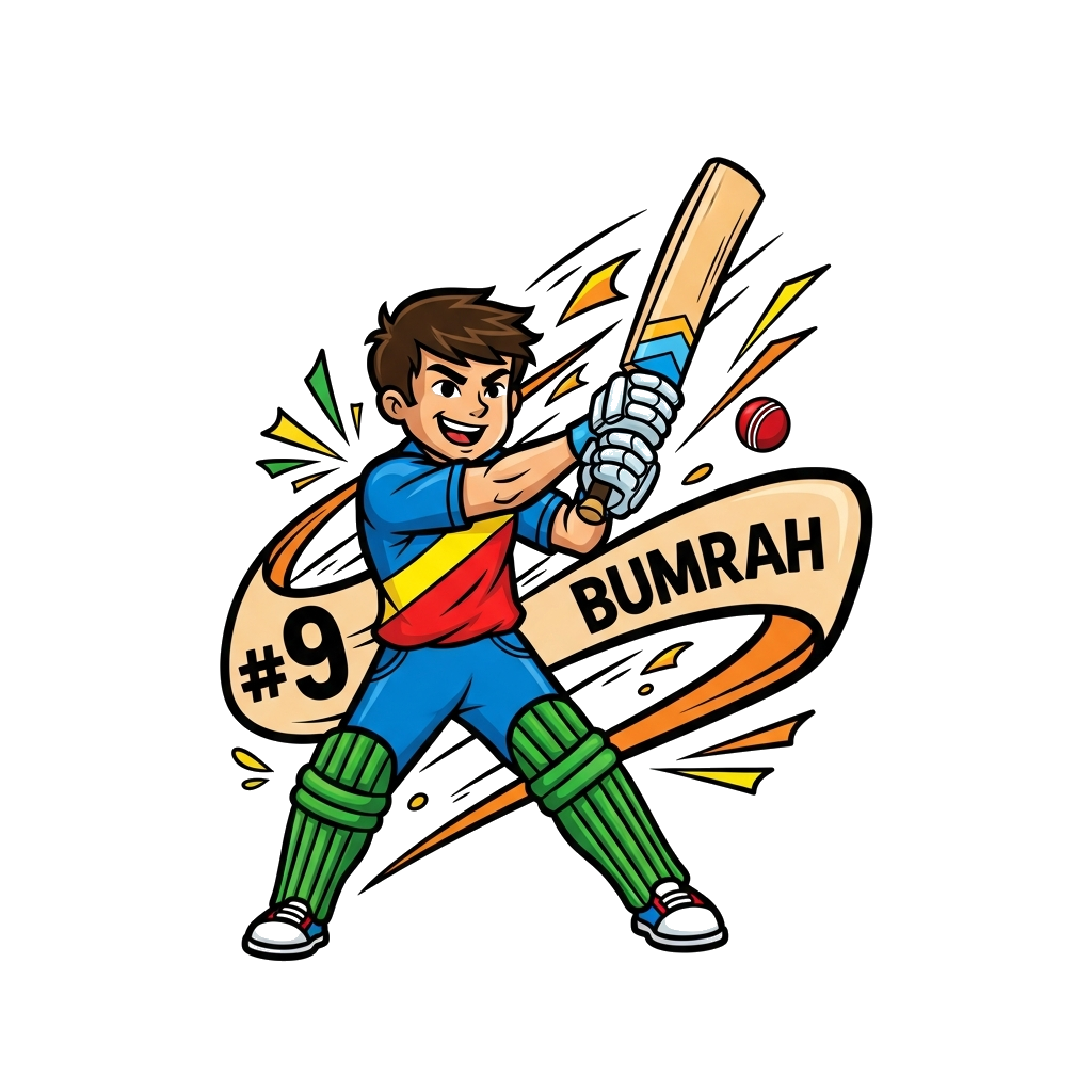 Custom design: A dynamic cartoon boy cricketer, resembling a friendly superhero, in action with a cricket bat, with the number 9 and...