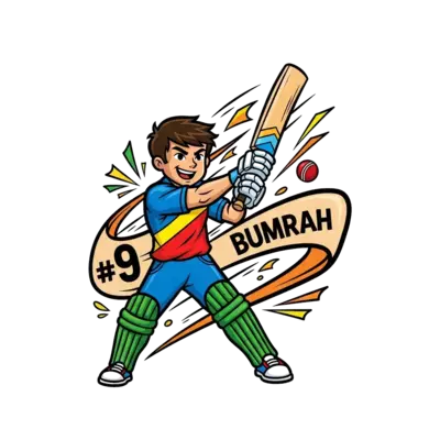 Design: A dynamic cartoon boy cricketer, resembling a friendly superhero, in action w...