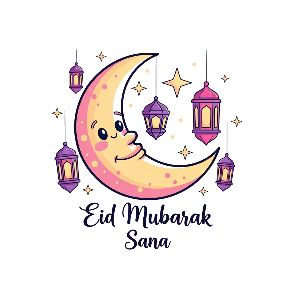 Custom design: A whimsical illustration of a happy cartoon crescent moon with twinkling stars, surrounded by decorative Eid lanterns...