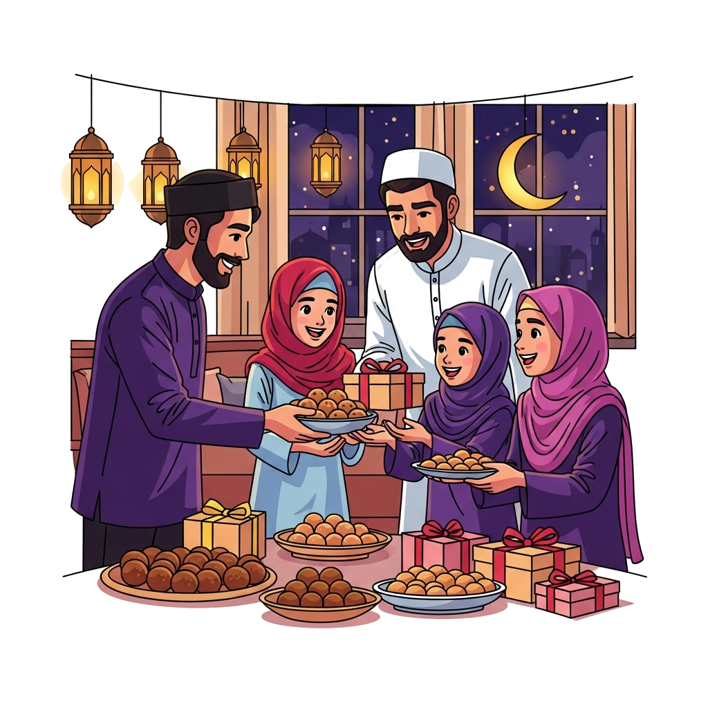 Custom design: A heartwarming and joyful Muslim family sitting together on a decorated festive indoor setup, smiling as they share s...