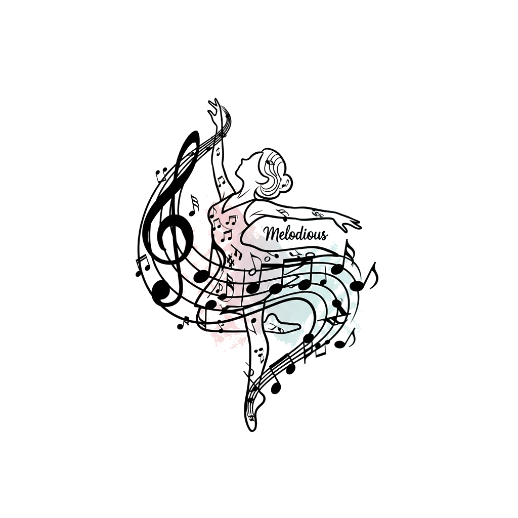 Custom design: A minimalist artistic illustration of a flowing dancer's silhouette, composed of elegant, curved musical notes and st...