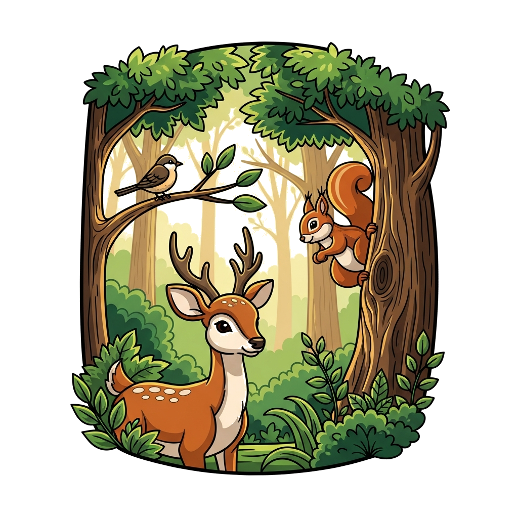 Custom design: A vibrant, realistic illustration of a lush forest scene with a gentle deer, a curious squirrel, and a small bird per...