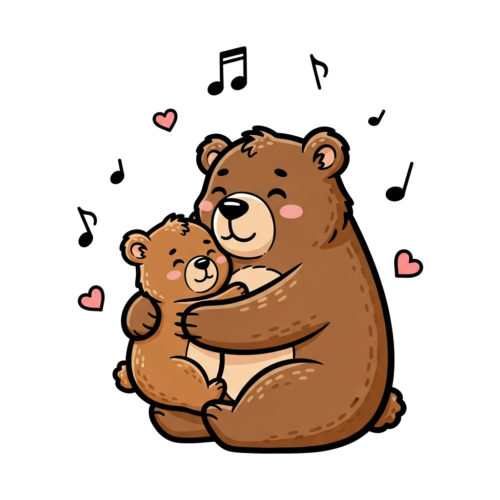 Custom design: A heartwarming hand-drawn cartoon illustration of a baby bear cub lovingly hugging its papa bear, surrounded by float...