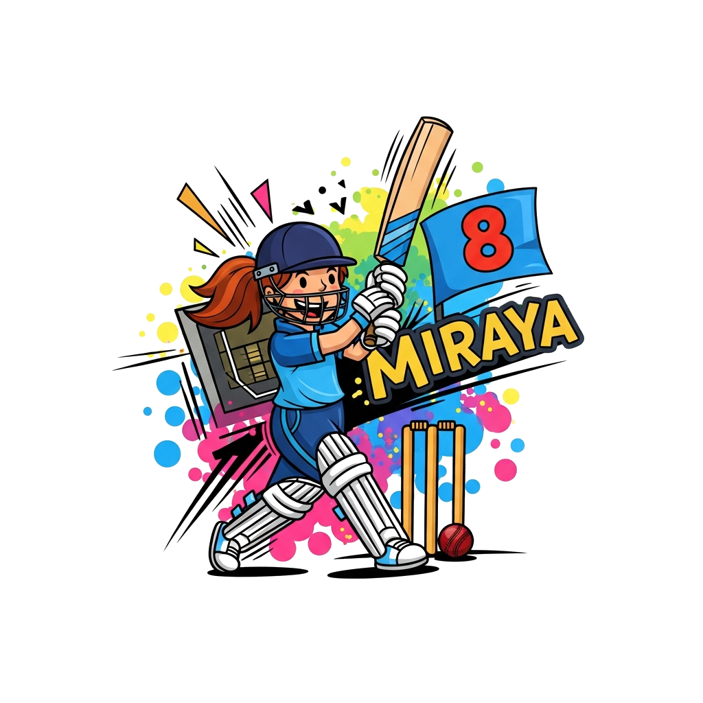 Custom design: A vibrant and colorful cartoon illustration of a joyful girl cricketer in action, hitting a cricket ball with a power...