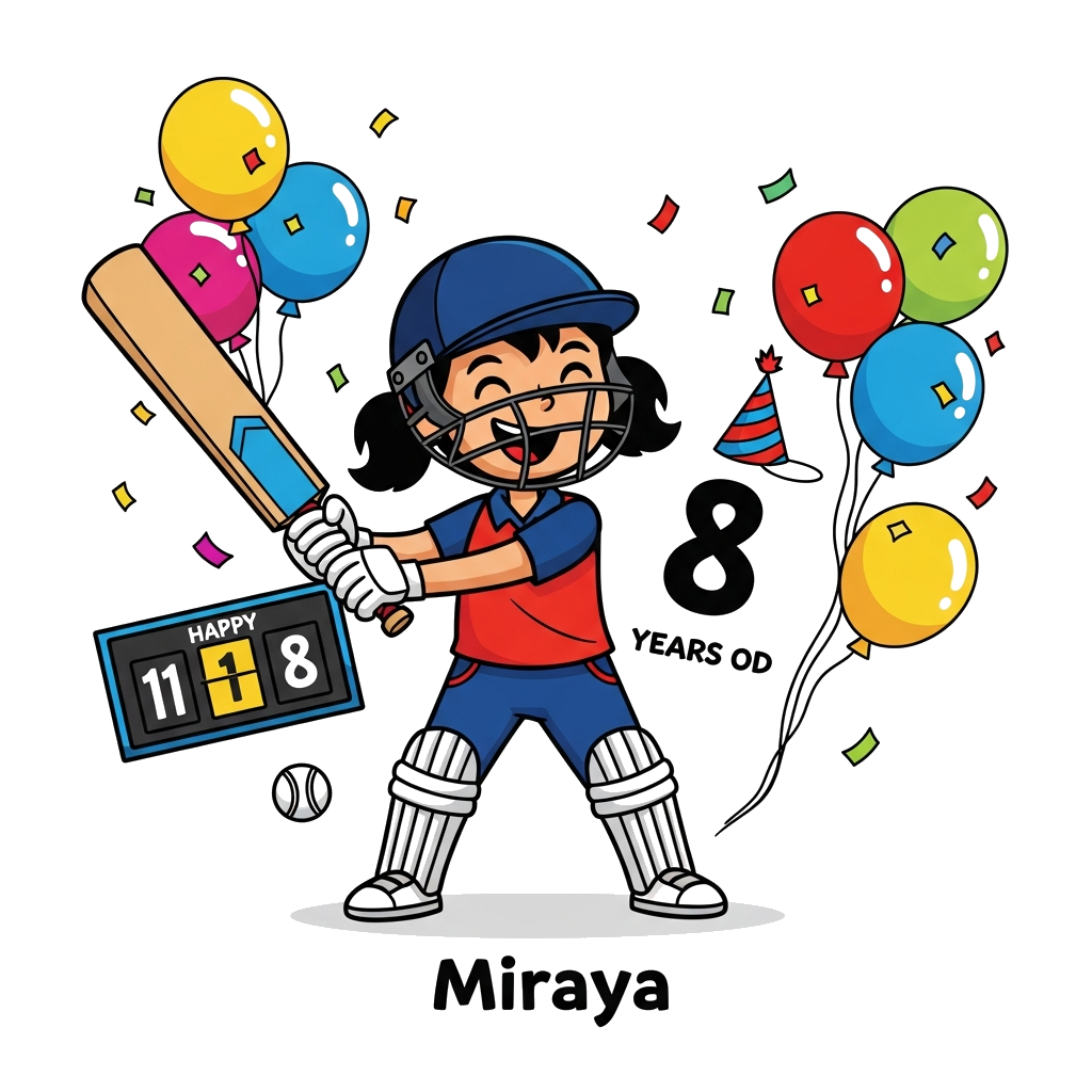 Custom design: A cheerful cartoon illustration of a girl named Miraya, 8 years old, wearing a cricket uniform, happily swinging a cr...