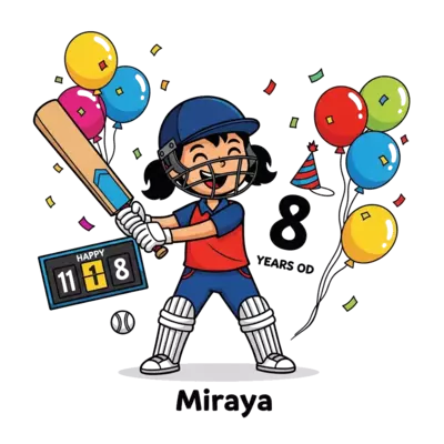 A cheerful cartoon illustration of a girl named Miraya, 8 years old, wearing a cricket uniform, happily swinging a cricket bat. She's surrounded by colorful birthday balloons, confetti, and a small birthday cap. The number '8' is playfully integrated as a score on a scoreboard in the background. Vibrant, friendly, and energetic style.
