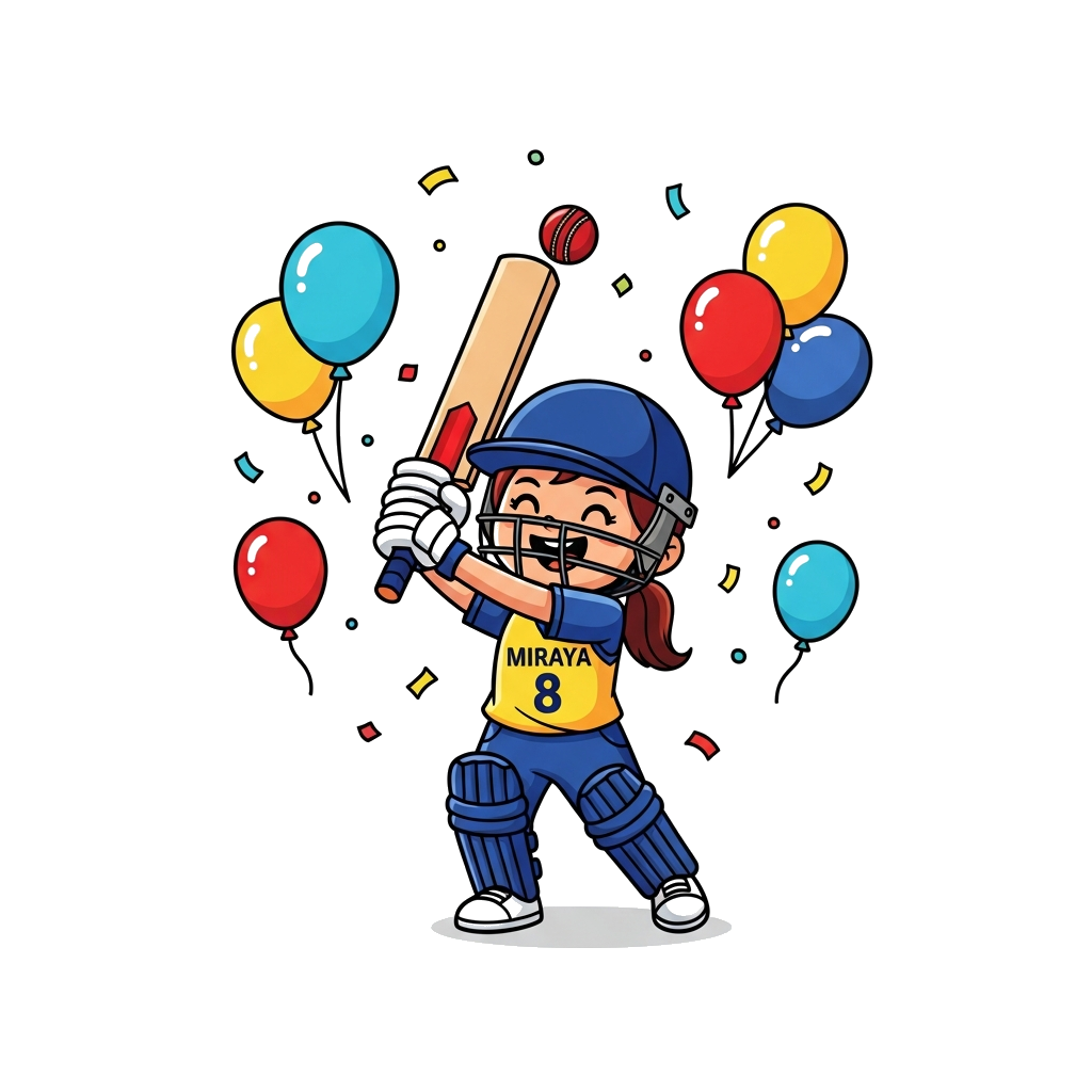 Custom design: A cheerful cartoon girl cricketer, with 'Miraya' written on her jersey and the number 8, joyfully hitting a cricket b...