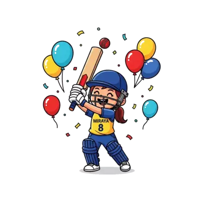 A cheerful cartoon girl cricketer, with 'Miraya' written on her jersey and the number 8, joyfully hitting a cricket ball, surrounded by colorful birthday balloons and confetti, in a vibrant, playful kawaii style.