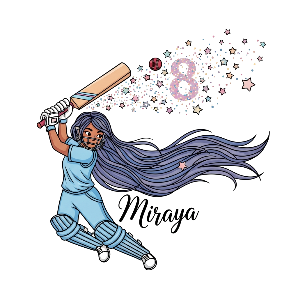 Custom design: A whimsical illustration of a diverse girl cricketer, with long flowing hair, hitting a cricket ball that transforms ...