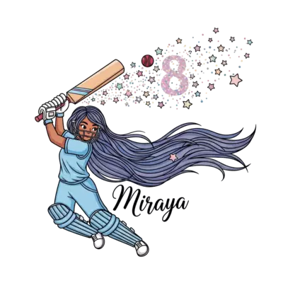 A whimsical illustration of a diverse girl cricketer, with long flowing hair, hitting a cricket ball that transforms into a shower of stars and glitter, number '8' subtly incorporated into the design, pastel colors, dreamy atmosphere, Miraya's name in elegant script.