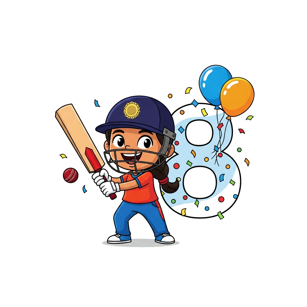 Custom design: A cheerful cartoon illustration of an Indian girl cricketer, resembling Miraya, happily batting a cricket ball. The n...