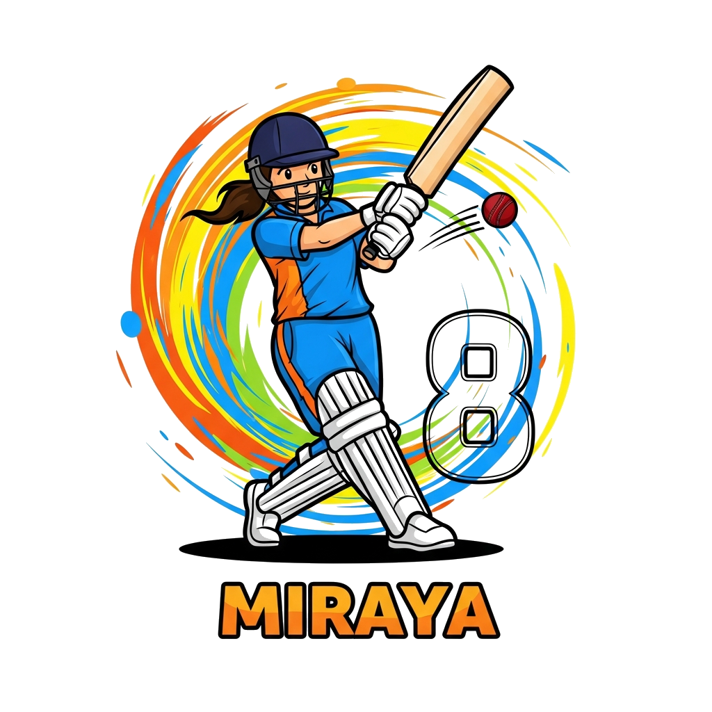 Custom design: A powerful and dynamic illustration of a young Indian girl cricketer, mid-swing with a cricket bat, a cricket ball in...