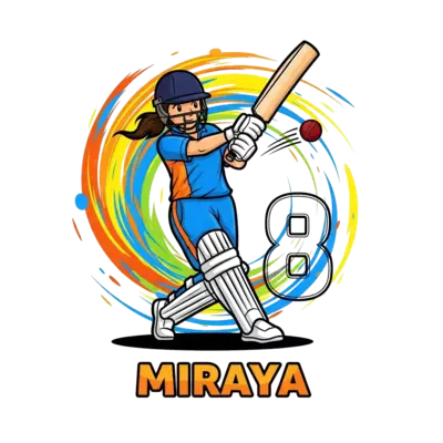 A powerful and dynamic illustration of a young Indian girl cricketer, mid-swing with a cricket bat, a cricket ball in motion, set against a vibrant background. The number '8' is subtly integrated into the design, perhaps as a field marking or a background element, with the name 'Miraya' in a bold, sporty font. Emphasize bright, energetic colors and a strong, action-packed composition, celebrating her birthday.