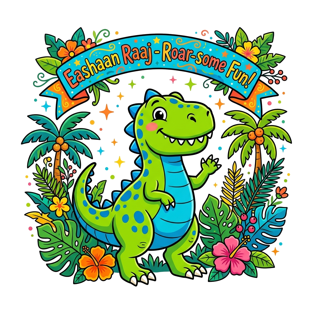 Custom design: A super cute, happy cartoon T-Rex, bright green and blue, giving a friendly wave, surrounded by vibrant jungle leaves...