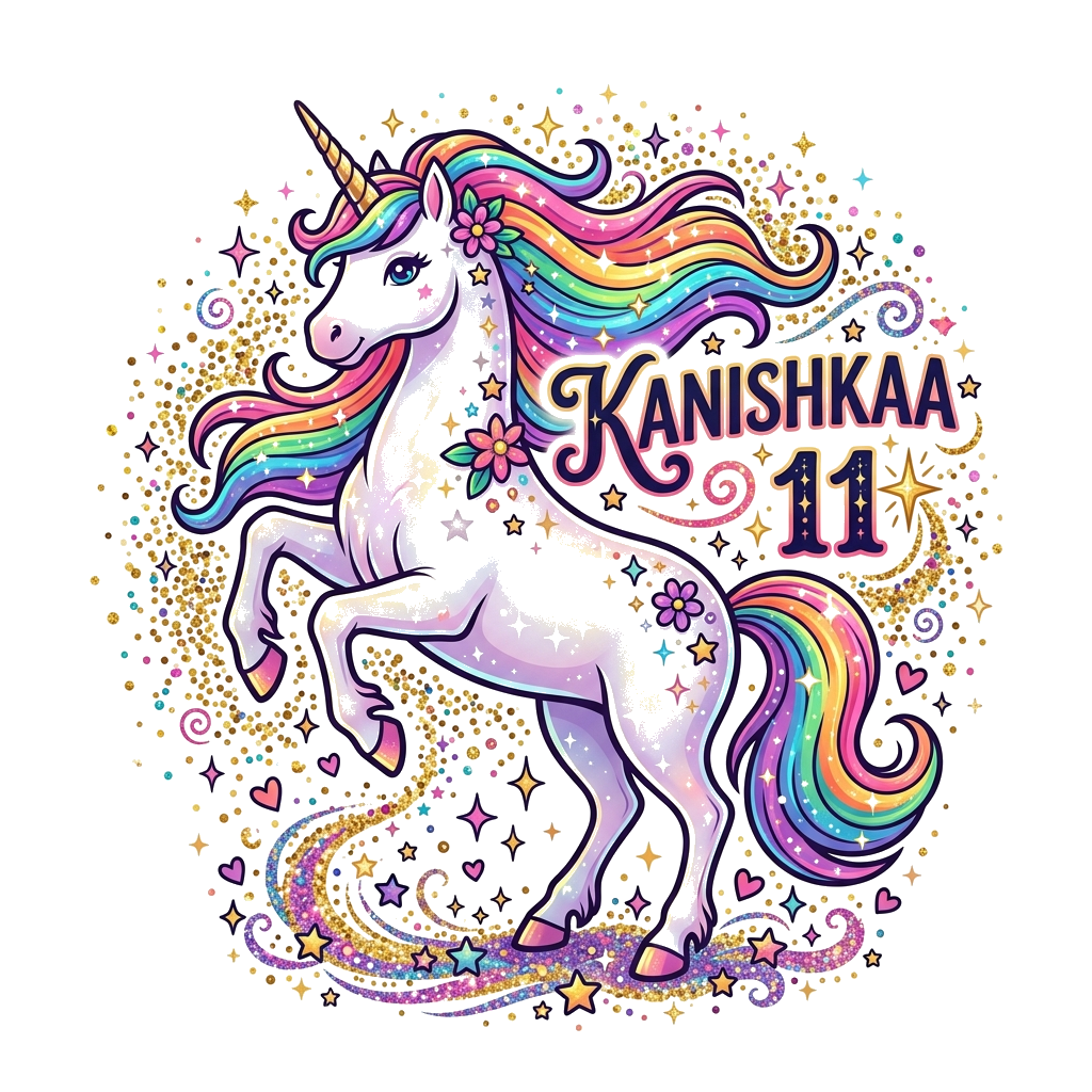 Custom design: A majestic, sparkly unicorn with a flowing rainbow mane and tail, standing gracefully amidst a shower of glitter and ...