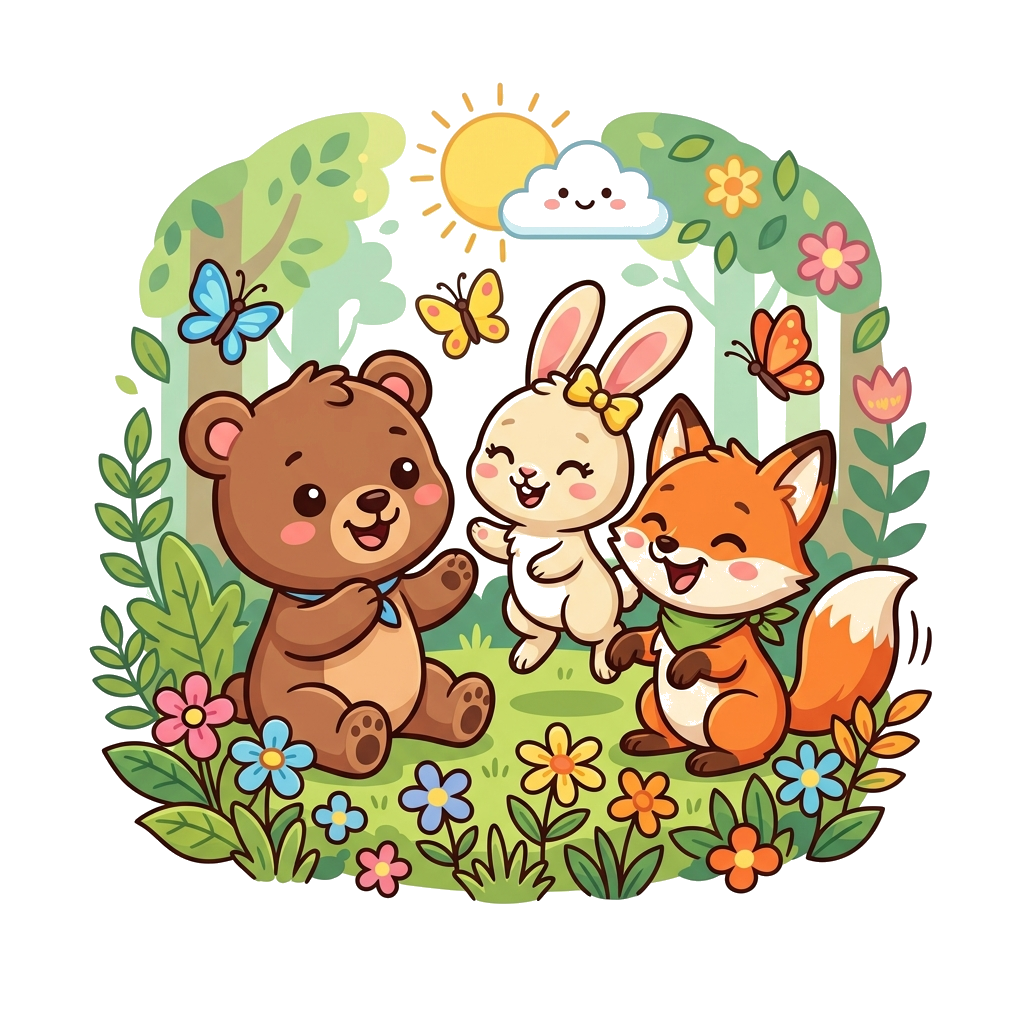 Custom design: A group of adorable cartoon baby animals (a bear, a fox, and a bunny) playing happily together in a sunny forest clea...