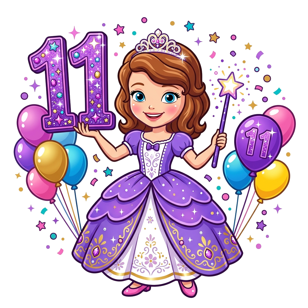 Custom design: A cheerful cartoon Princess Sofia, with her signature purple dress and tiara, holding a sparkly number '11' with one ...