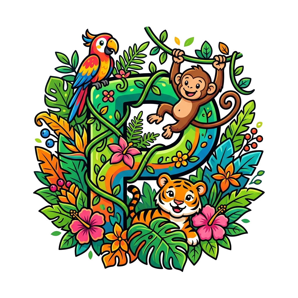 Custom design: A vibrant and colorful illustration of a playful jungle scene with cute cartoon animals like a monkey, parrot, and ti...