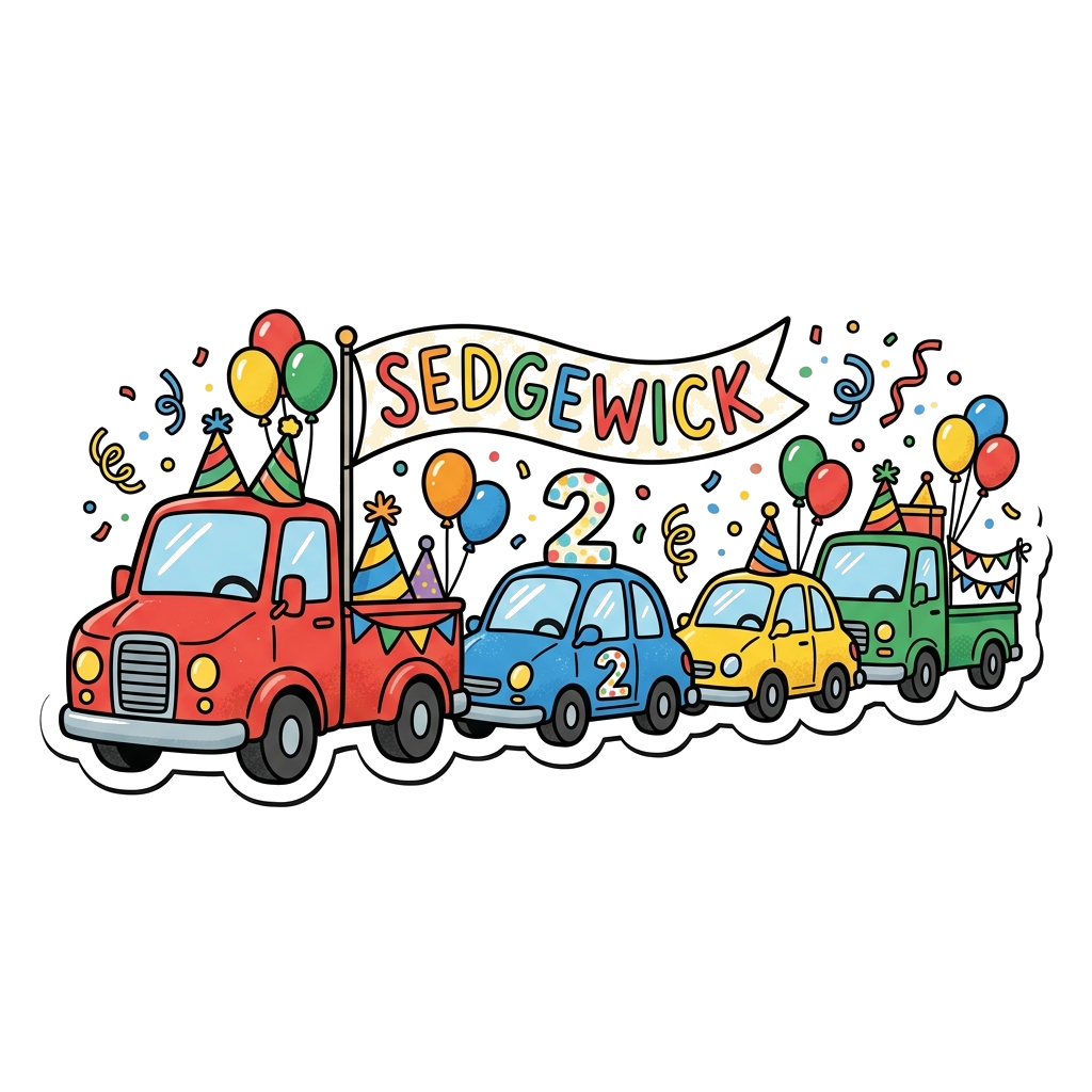 Custom design: A cheerful birthday parade illustration featuring a line of cute, colorful cartoon cars and trucks, each decorated wi...