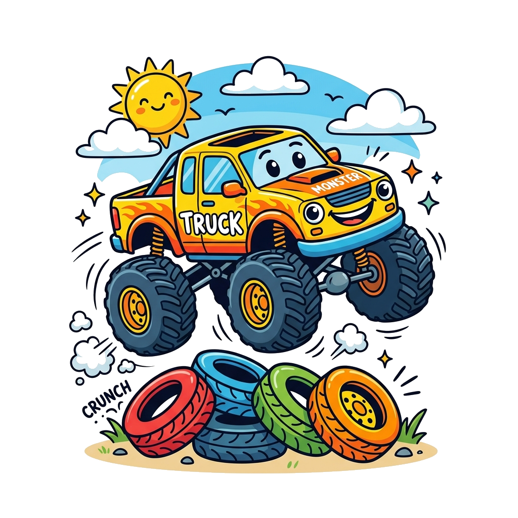 Custom design: A cheerful cartoon monster truck in bright yellow, doing a playful jump over a pile of colorful tires, with a vibrant...