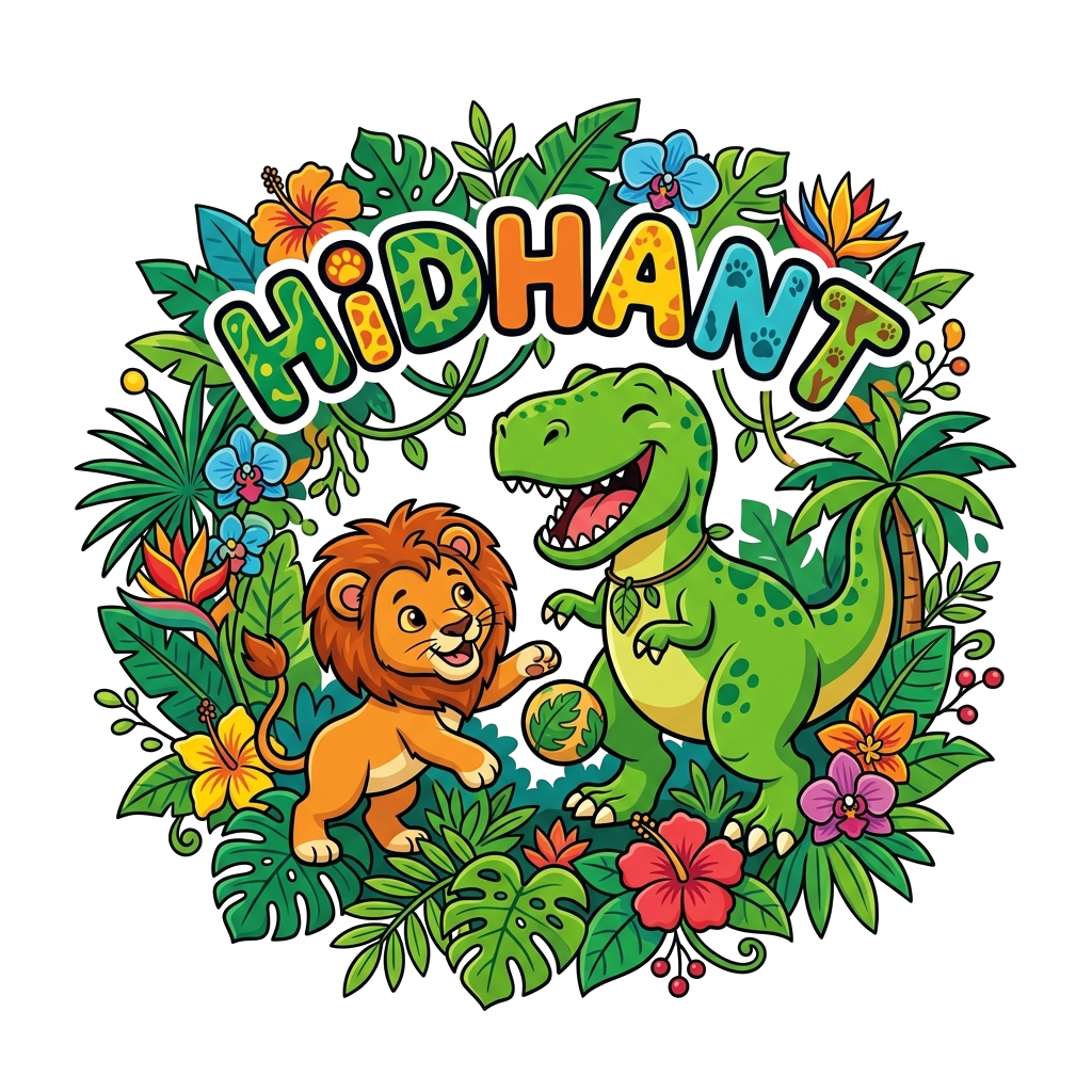 Custom design: A vibrant cartoon scene with a friendly T-Rex playing with a cute lion cub, surrounded by colorful jungle foliage and...