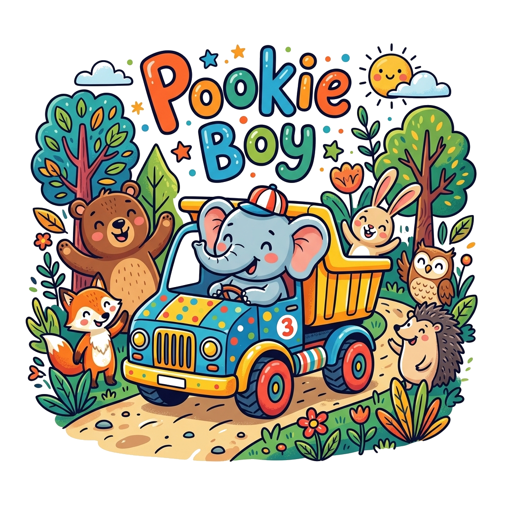 Custom design: A cute cartoon scene featuring a friendly baby elephant driving a colorful toy truck, with 'Pookie boy' written playf...
