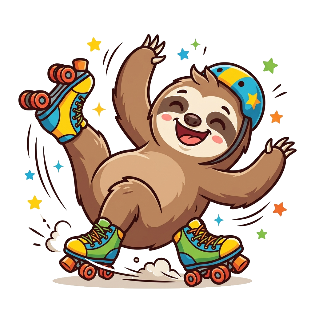 Custom design: A cute cartoon sloth trying to roller skate for the first time, falling over in a funny, exaggerated way with a big s...