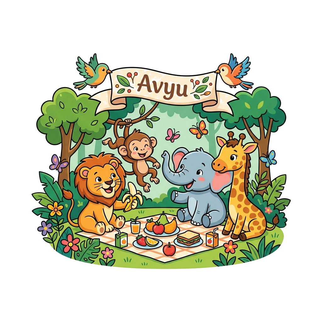 Custom design: A vibrant, cheerful cartoon illustration of a diverse group of baby animals (a lion cub, a baby elephant, a playful m...