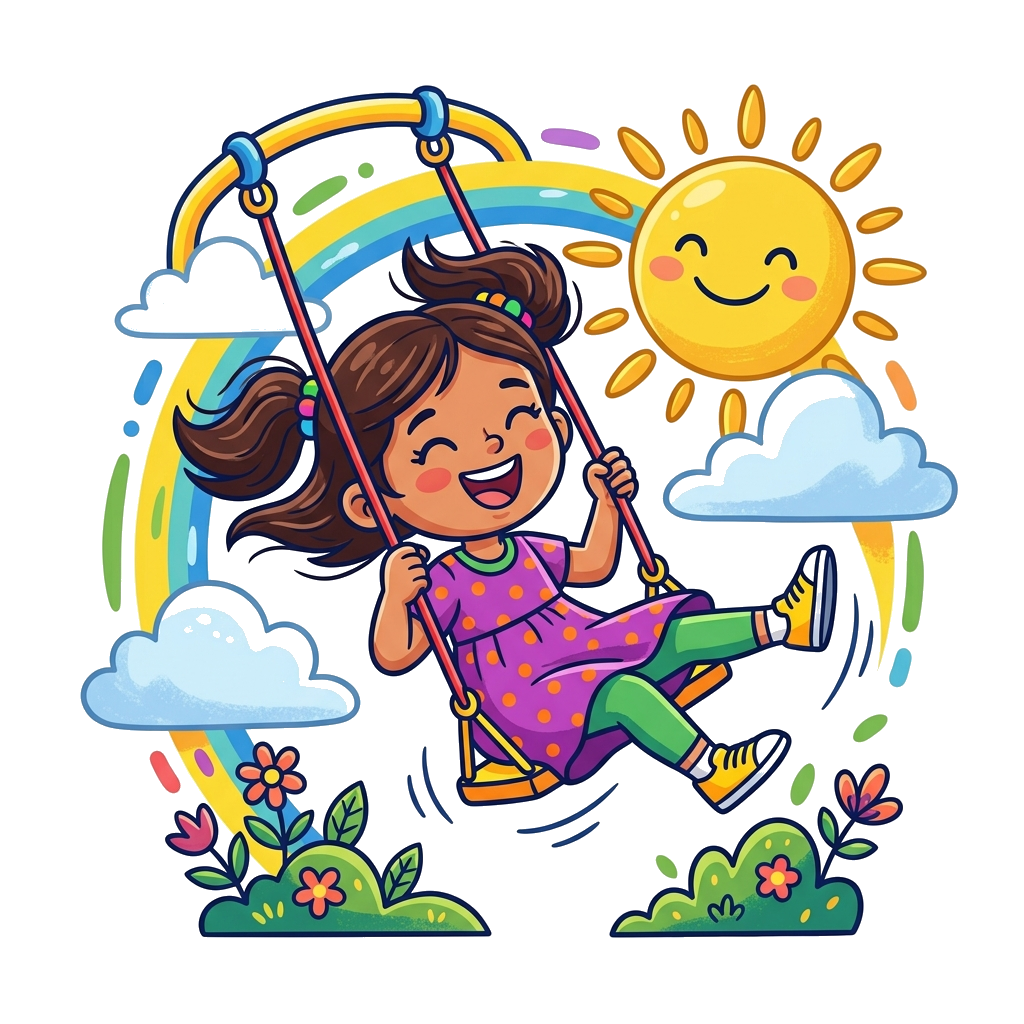 Custom design: A cheerful cartoon girl named Srinika, with a big smile, joyfully swinging high on a colorful playground swing, surro...