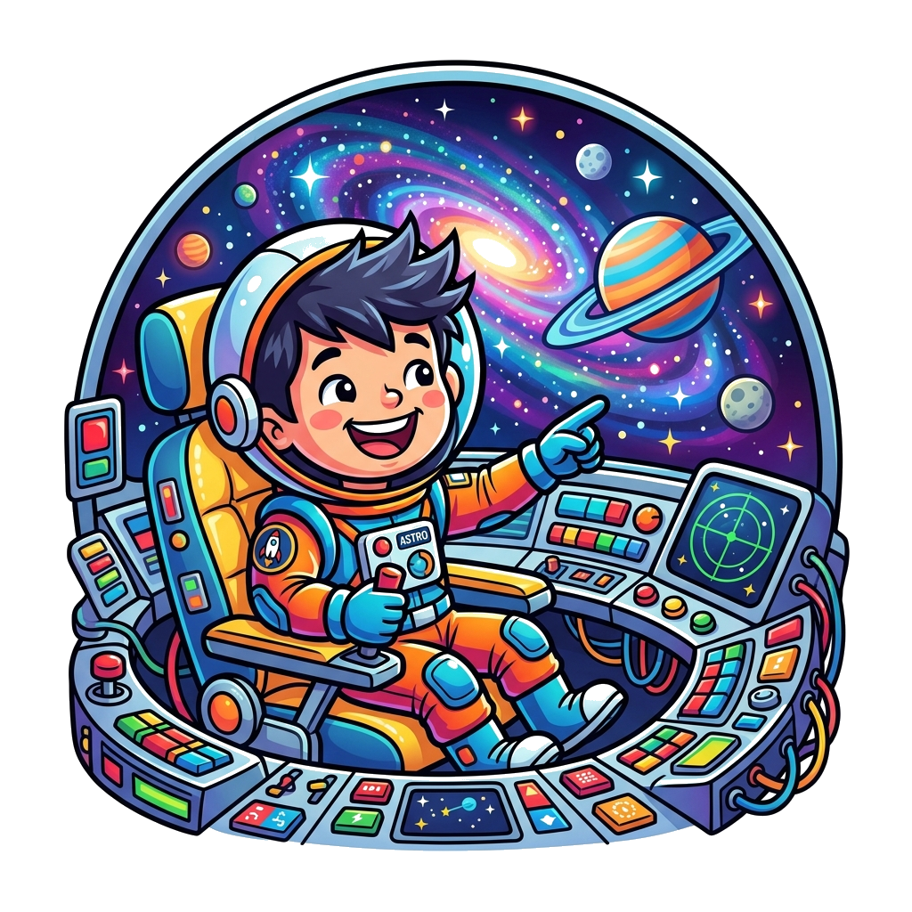 Custom design: A cheerful cartoon child astronaut with a big smile, sitting in a futuristic spaceship cockpit, surrounded by colorfu...