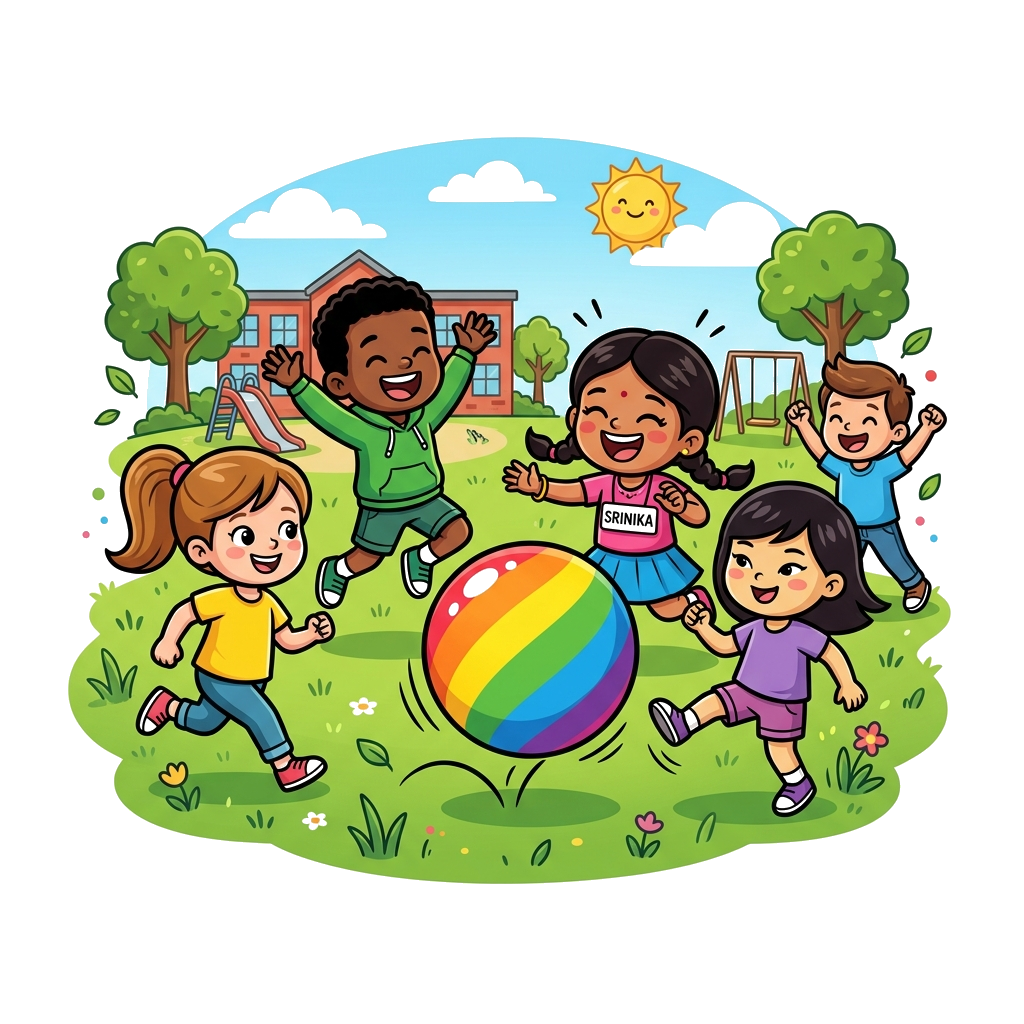 Custom design: A group of diverse, cute cartoon children, including a girl named Srinika, happily playing with a large, bouncy rainb...