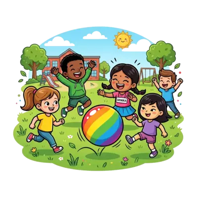 A group of diverse, cute cartoon children, including a girl named Srinika, happily playing with a large, bouncy rainbow ball on a grassy schoolyard. Playful, vibrant, and sweet illustration.
