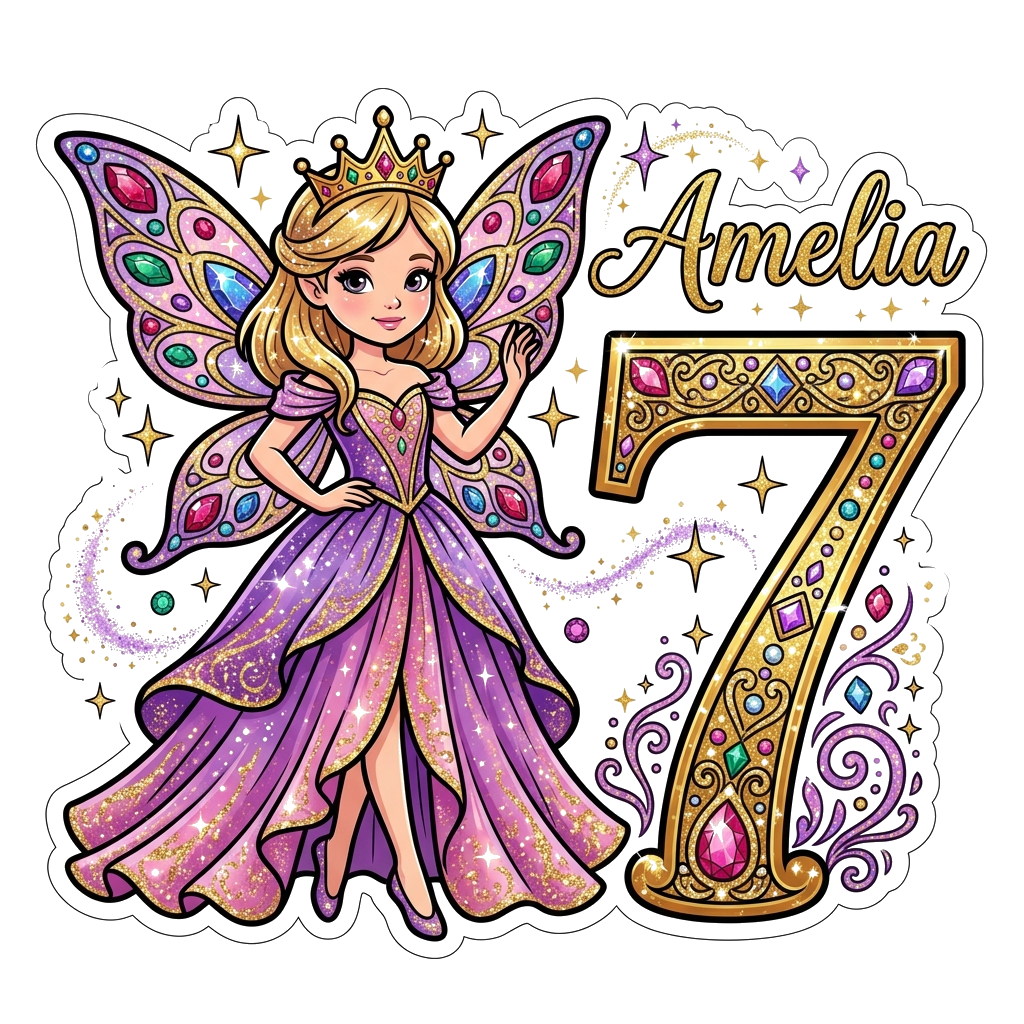 Custom design: A dazzling, regal fairy with elaborate, jeweled wings and a flowing, glitter-infused dress. She is gracefully posing ...