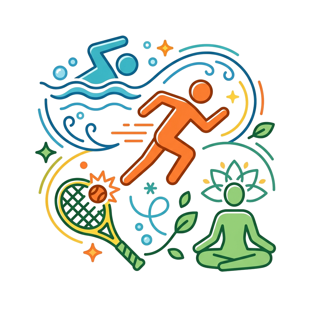 Custom design: A minimalist artistic illustration featuring abstract representations of swimming, athletics (running figure), yoga (...