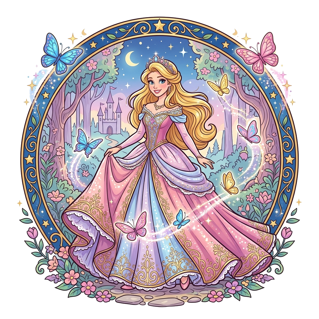 Custom design: An elegant and dreamy illustration of a beautiful princess with a flowing gown, surrounded by soft, glowing butterfli...